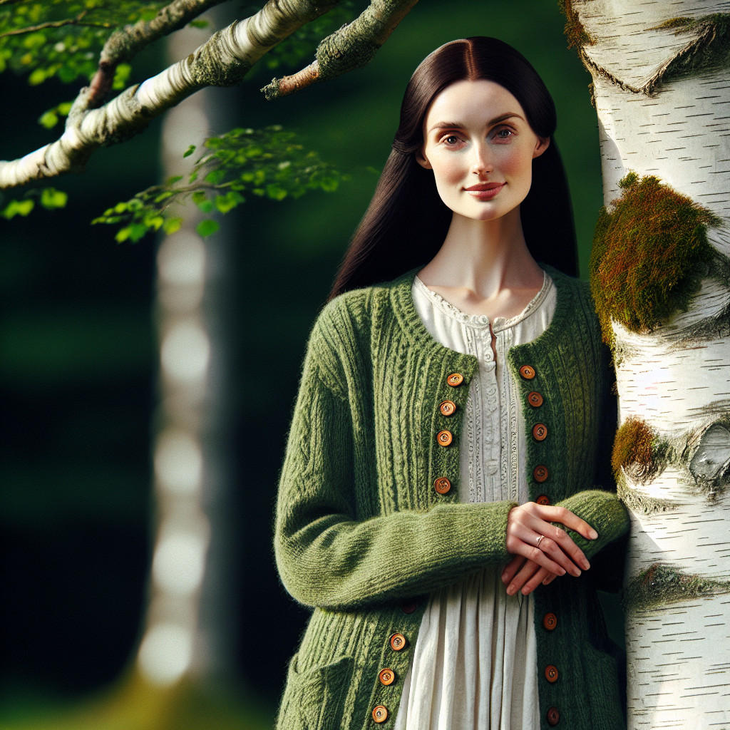 Young Woman in Green Cardigan by Birch Tree