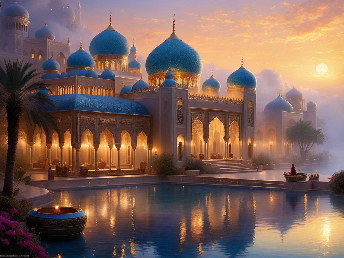 Majestic palace with blue domes and ornate arches