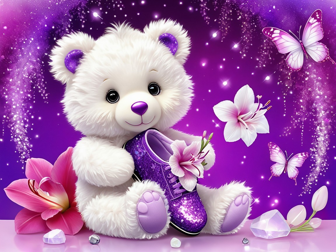 Fluffy White Teddy Bear on Purple Background with Sneakers
