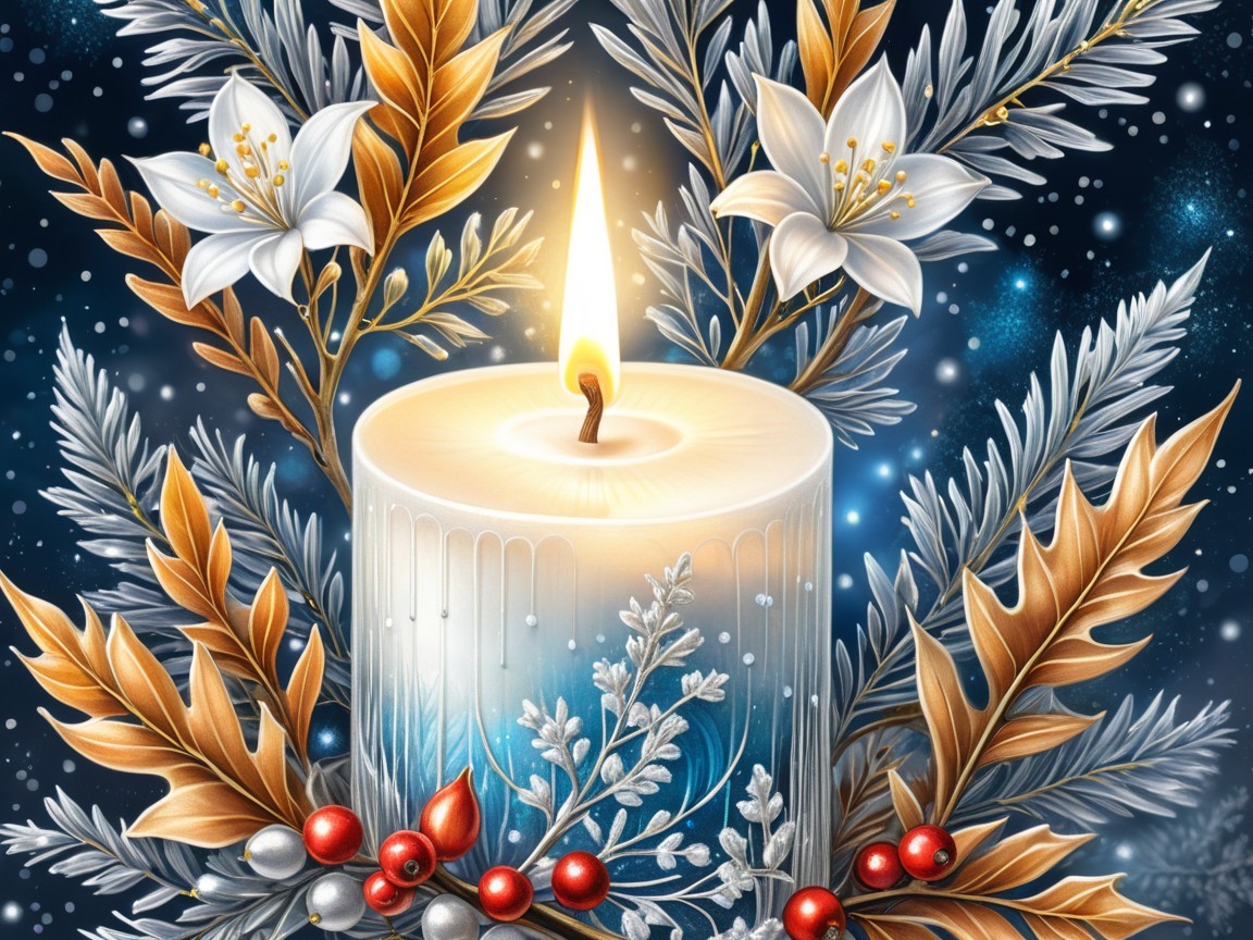 Detailed Illustration of Candle with Winter Foliage