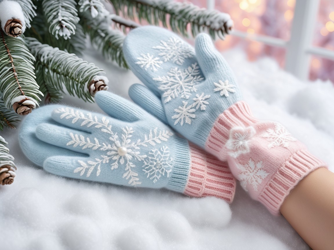 Cozy Mittens on Snow with Frosted Pine Background