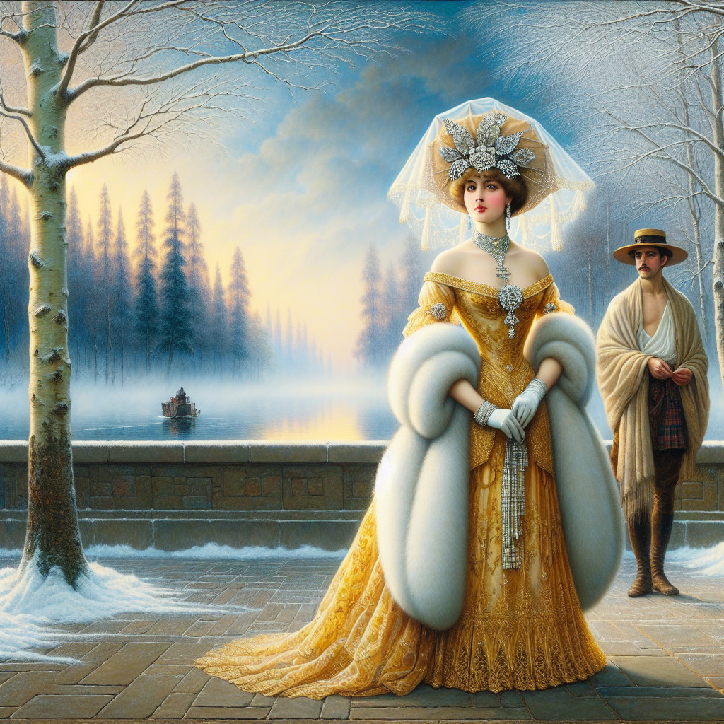 Elegant Woman in Yellow Gown in Winter Landscape