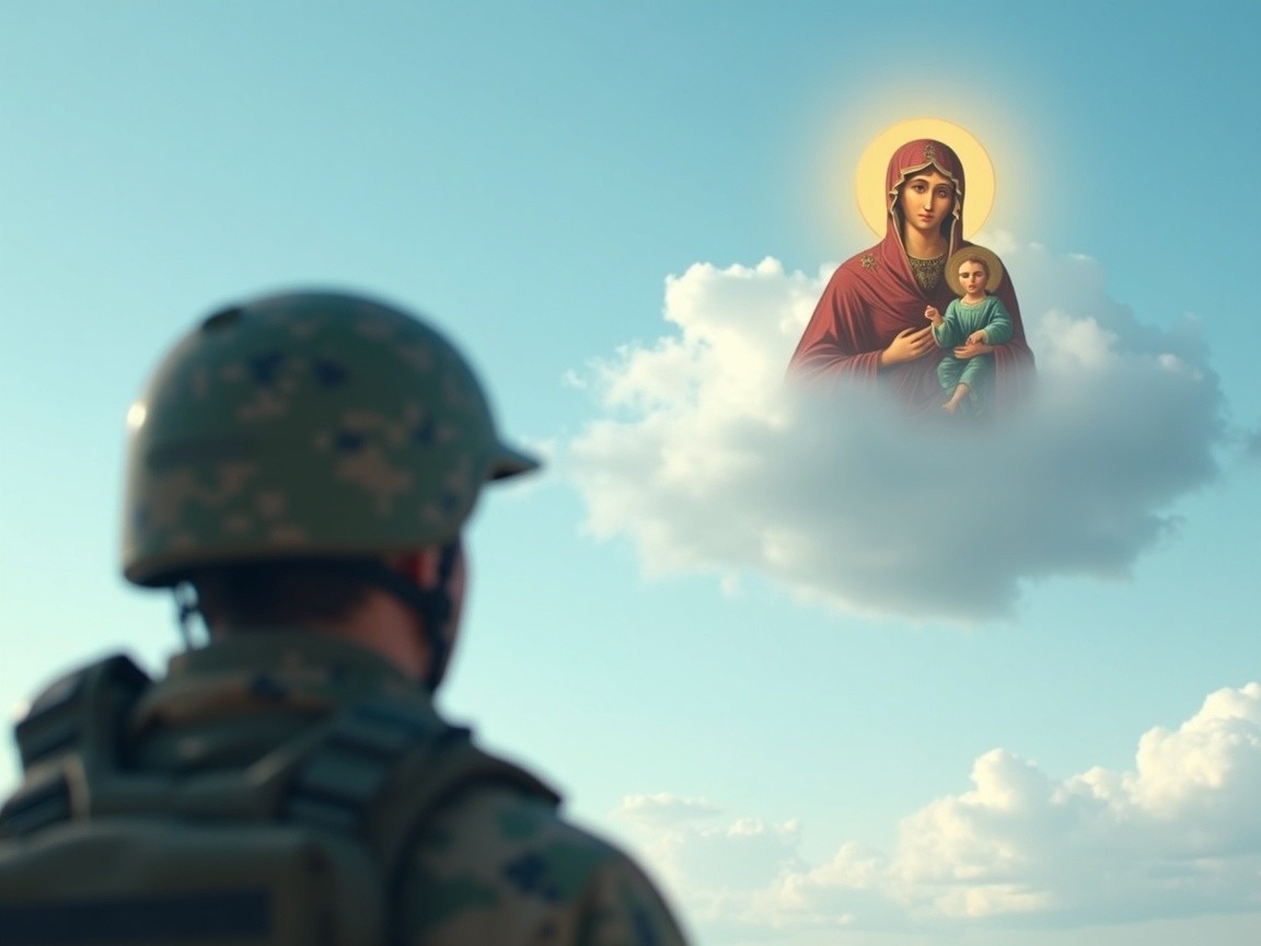 Soldier Gazing at Virgin Mary and Infant Jesus in Sky