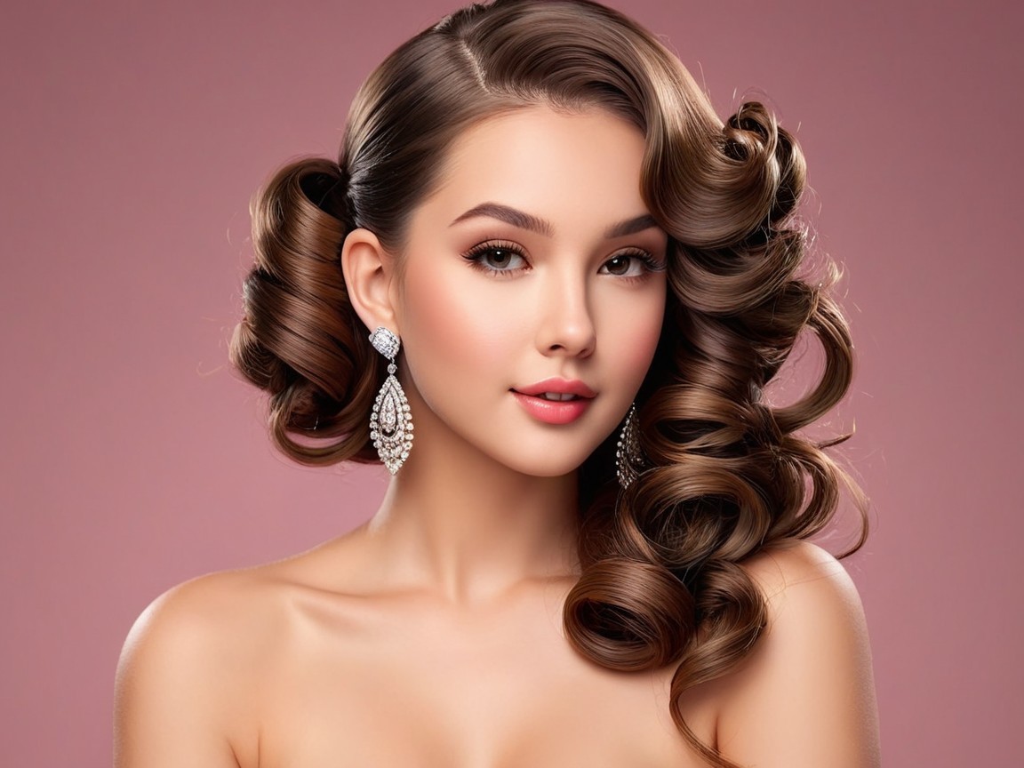 Glamorous Young Woman with Voluminous Curls and Makeup