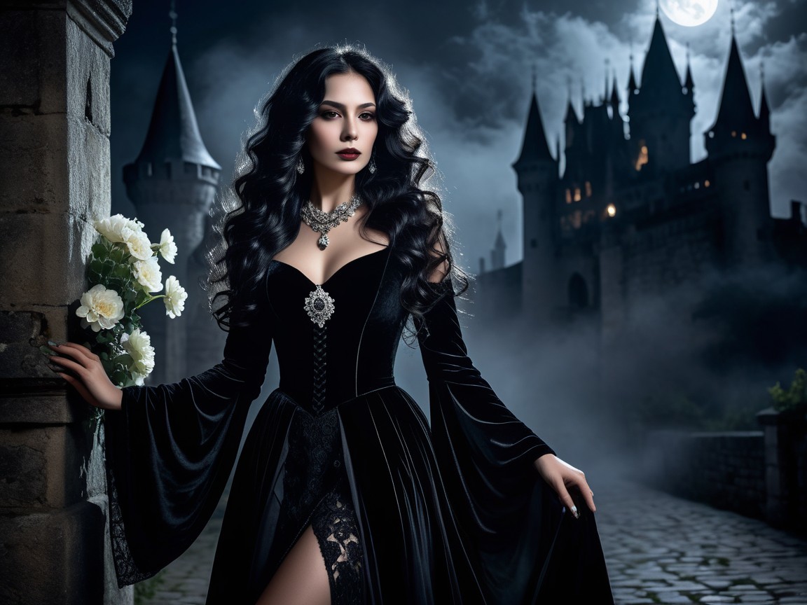 Woman in Black Gown with Castle Under Full Moon