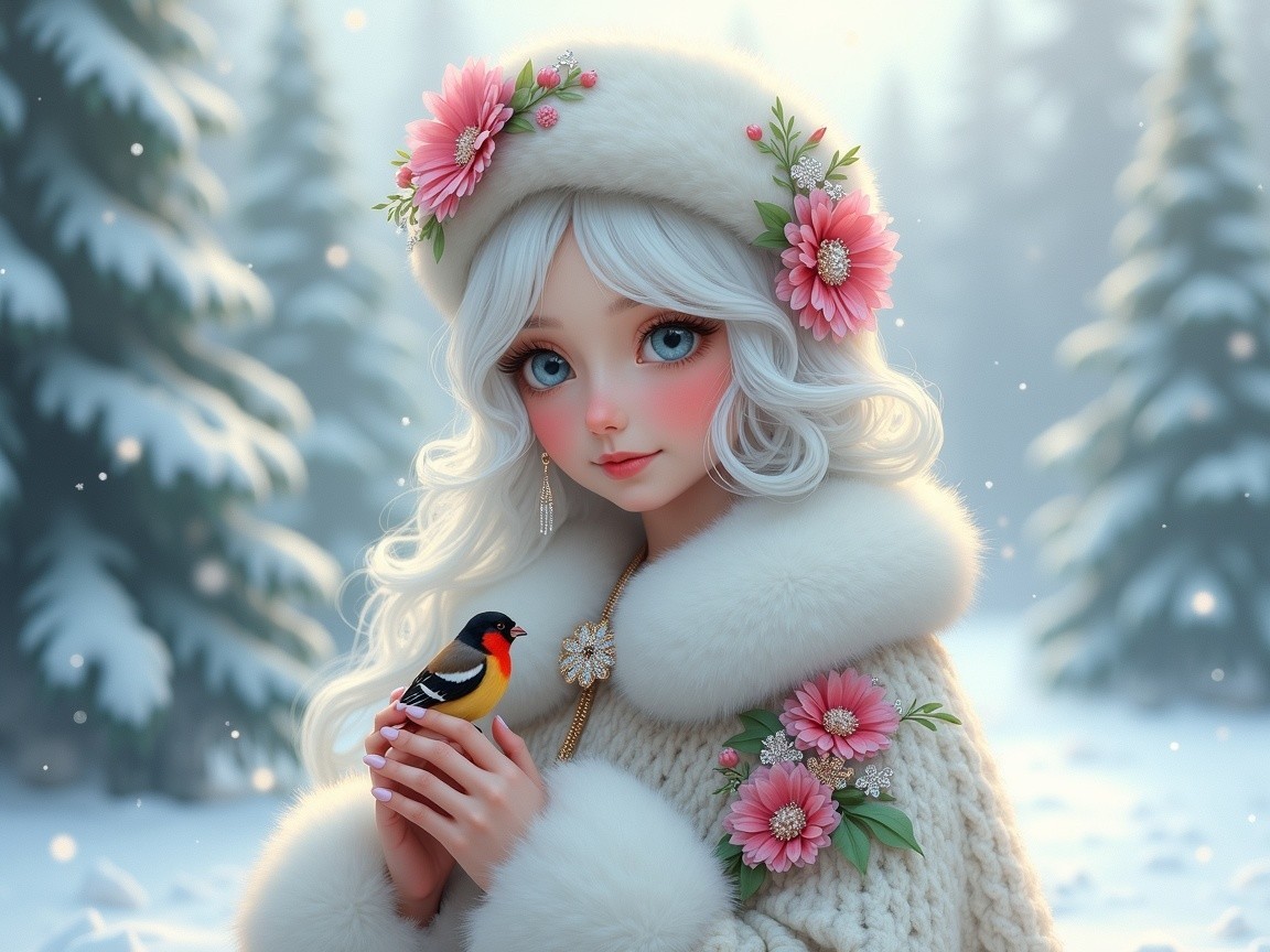 Young woman in snowy forest with white hair and bird
