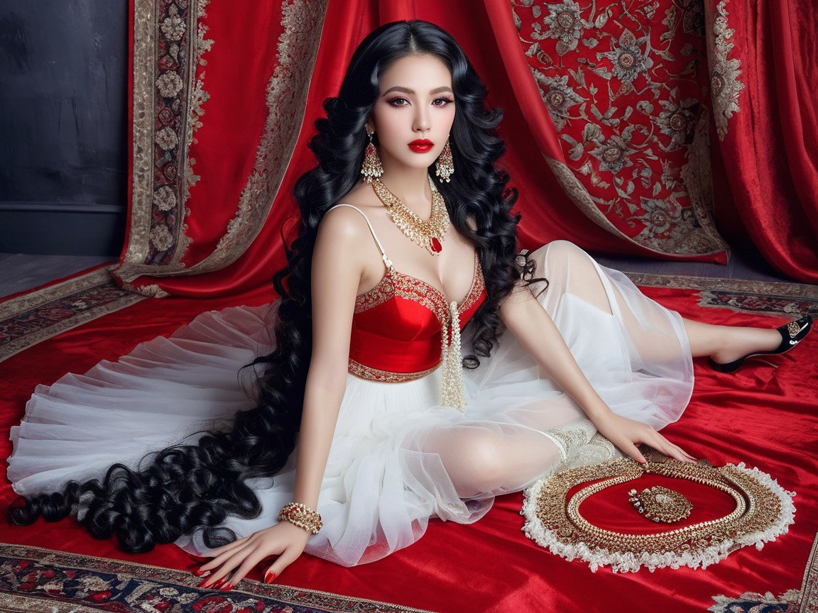 Elegant woman in red and white dress on patterned rug