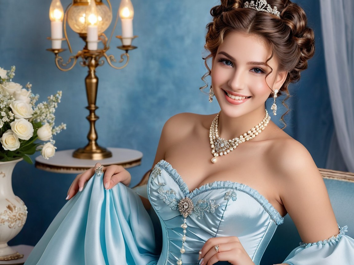Young woman in light blue gown with elegant accessories