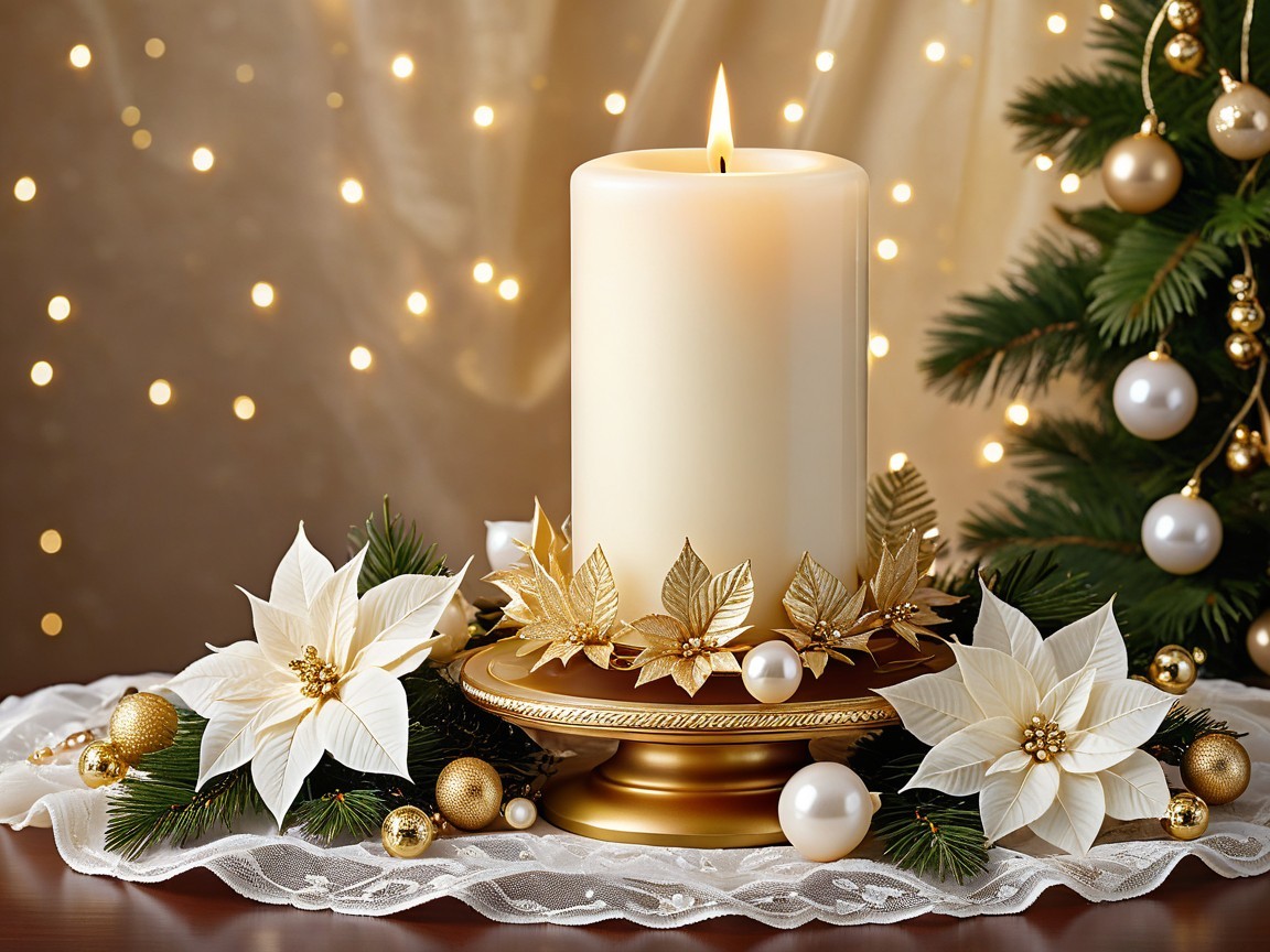 Elegant Holiday Centerpiece with Ivory Candle and Poinsettias