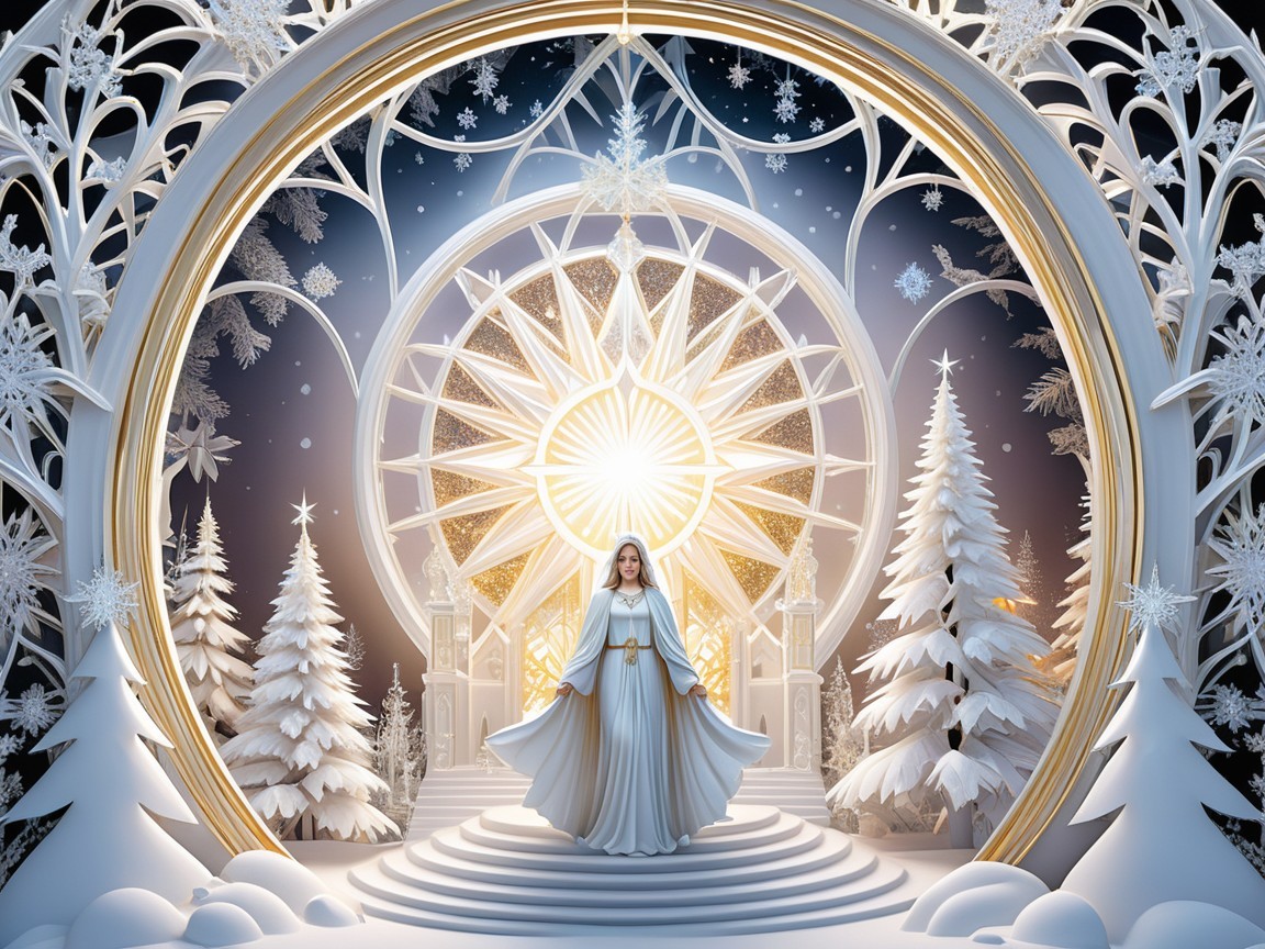 Serene Winter Scene with Flowing White Robes