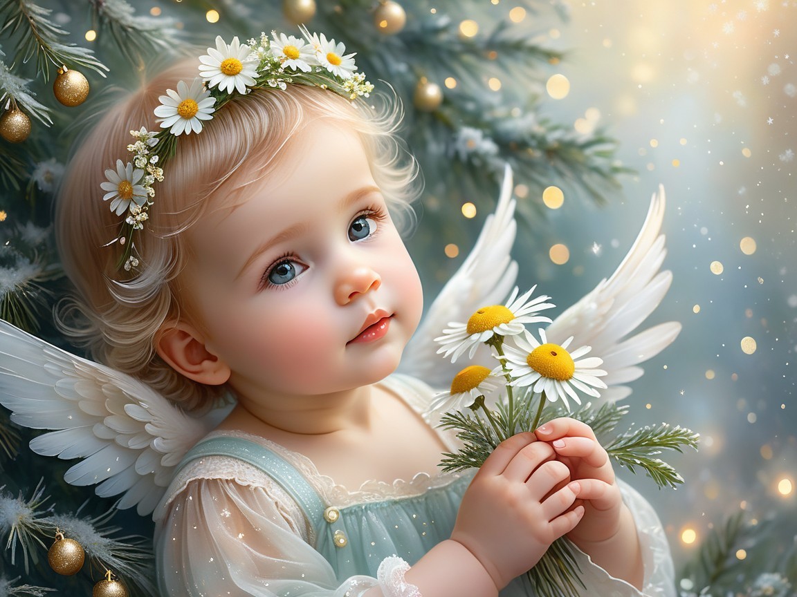 Young child with floral crown and angelic wings