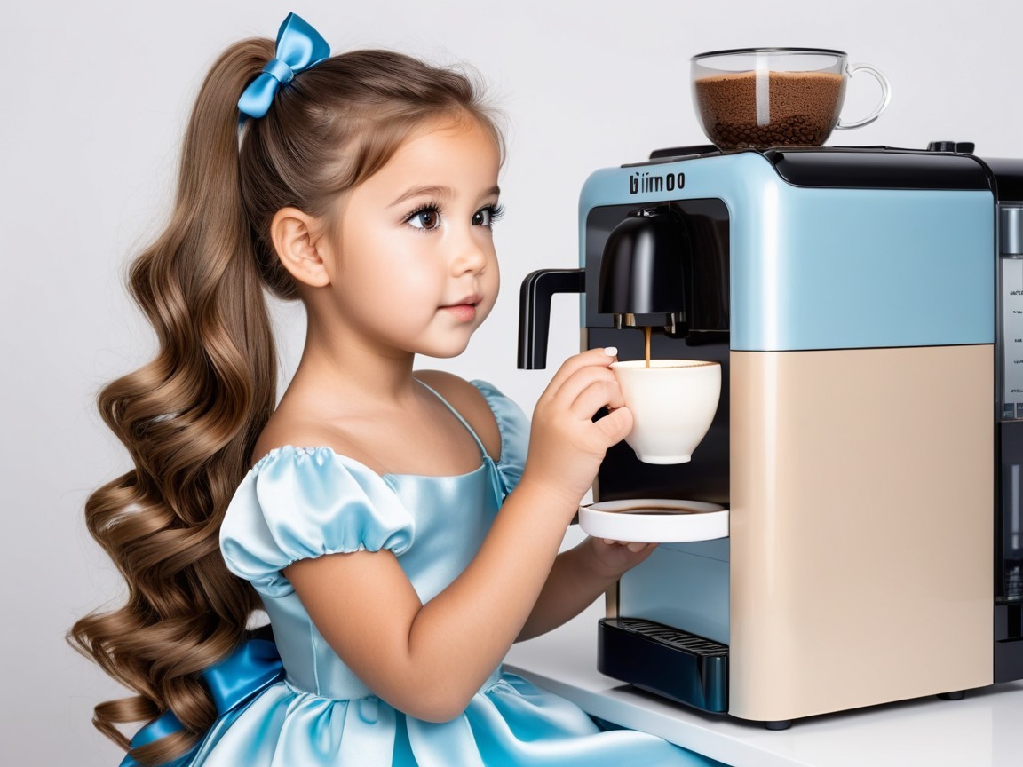 Young girl in blue dress using a pastel coffee machine