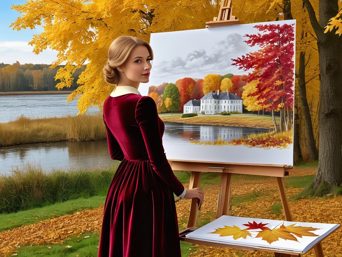Autumn Scene with Woman Painting by Tranquil Lake
