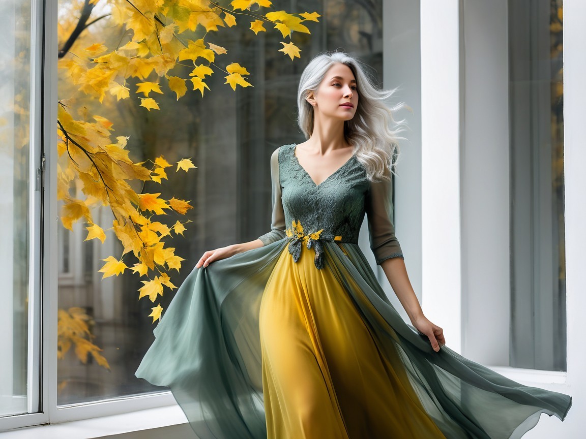 Graceful Woman by Window with Autumn Leaves