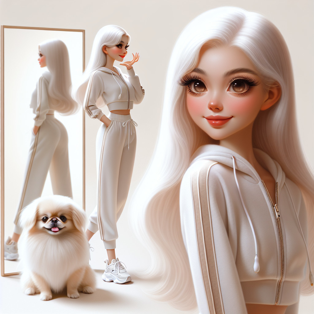 Young woman in stylish white tracksuit with Pekingese dog