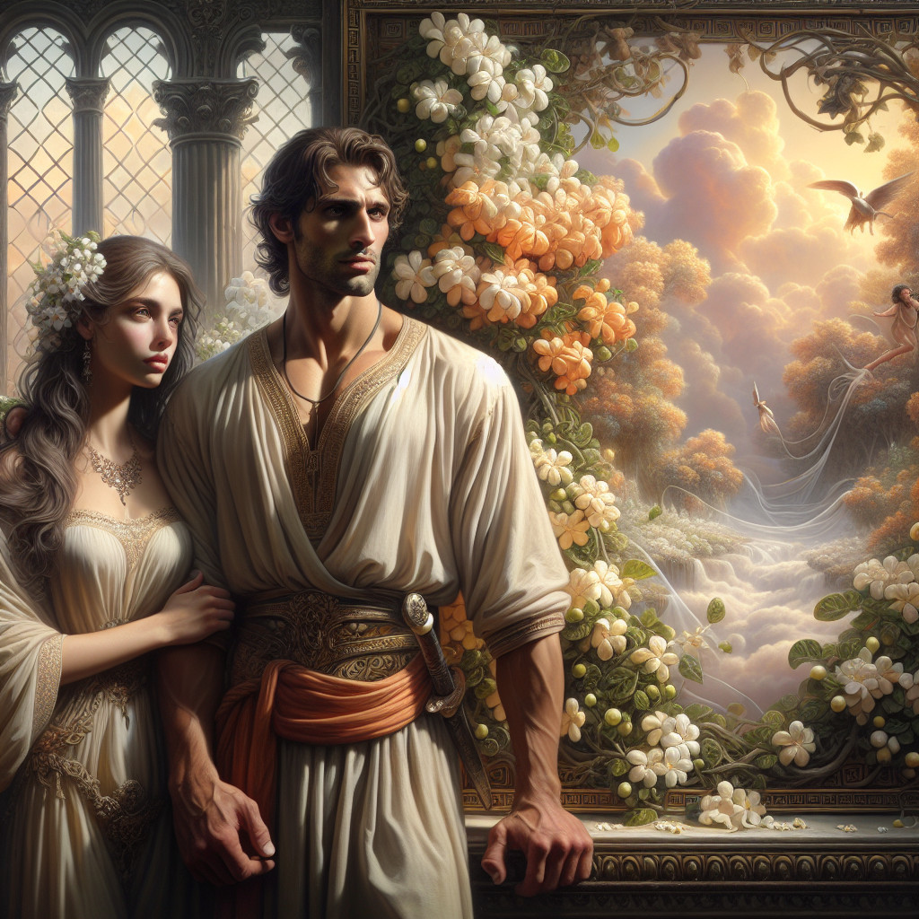 Couple in Elegant Attire Amidst Ethereal Mural
