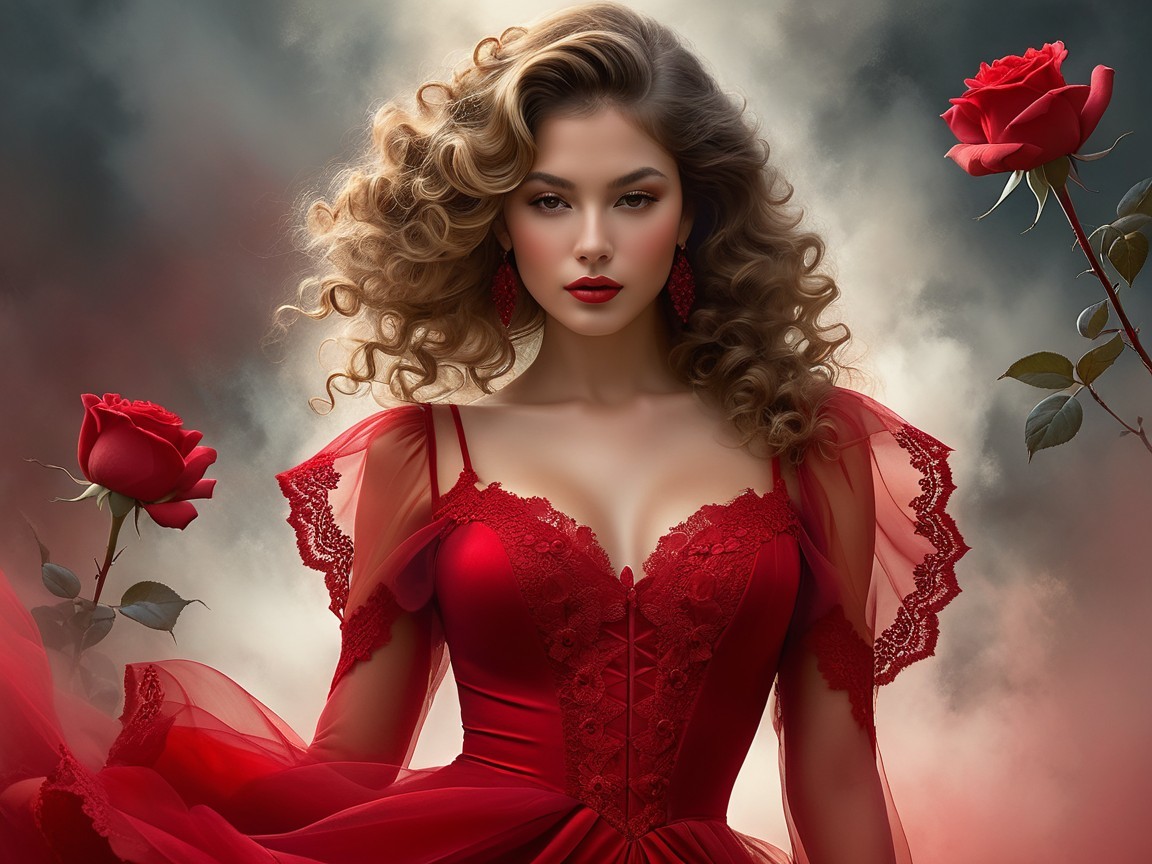 Elegant Woman in Red Gown Surrounded by Roses