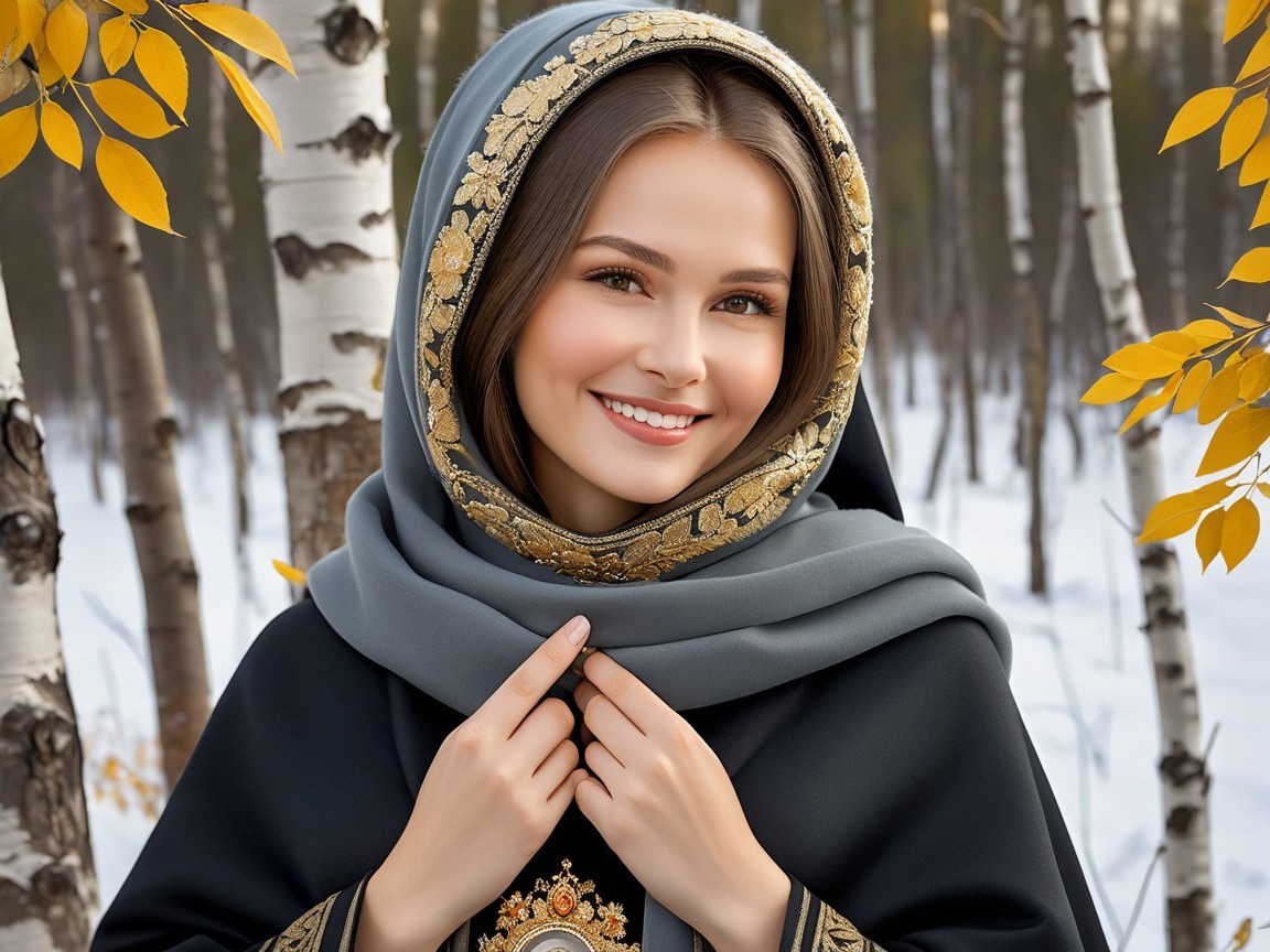 Young woman in winter landscape with birch trees