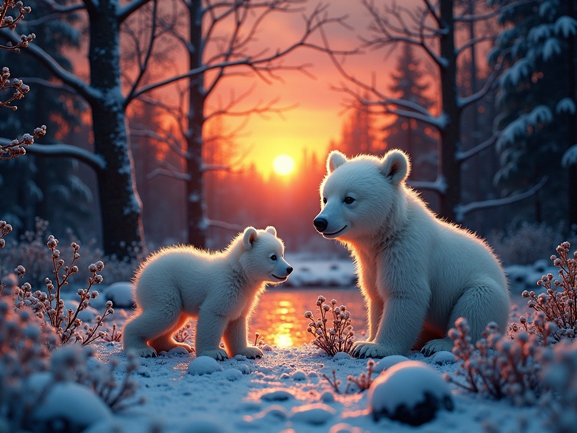 Winter Landscape with Polar Bear and Cub at Sunset