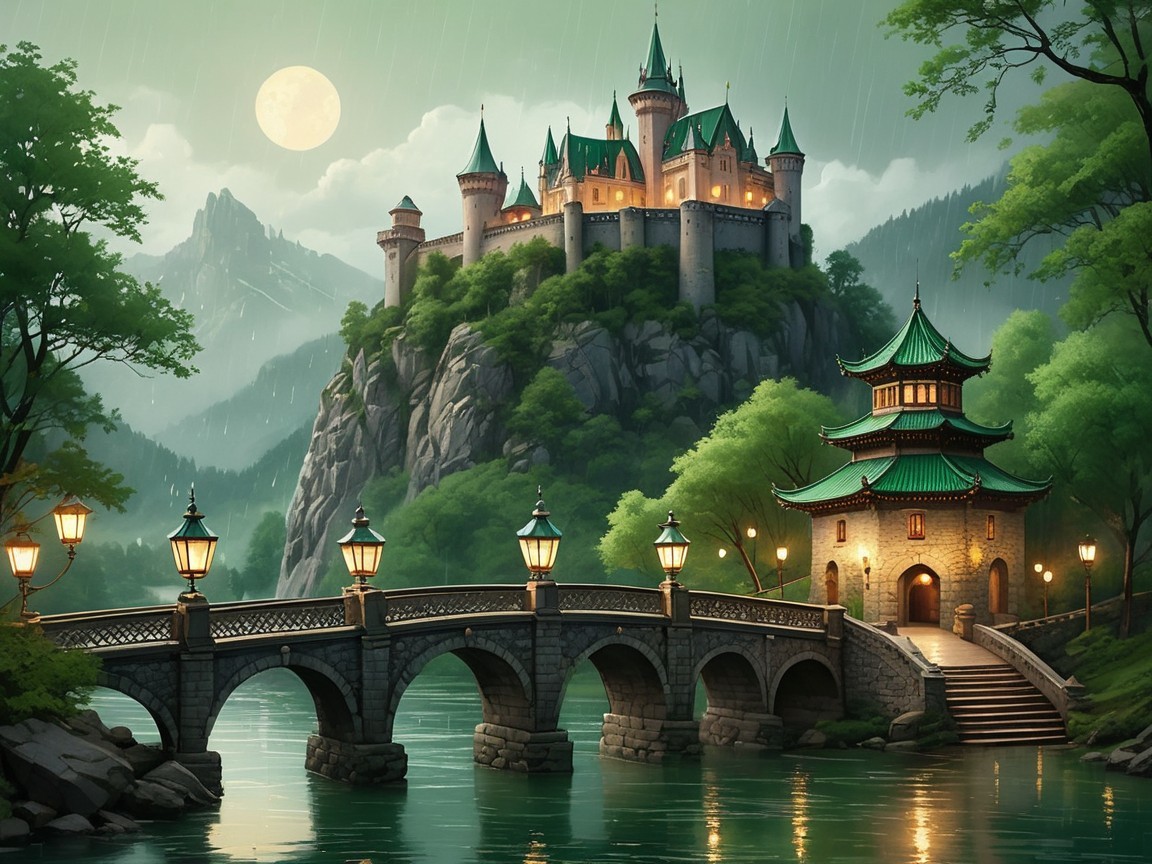 Castle on a Cliff with Bridge and Pagoda at Night