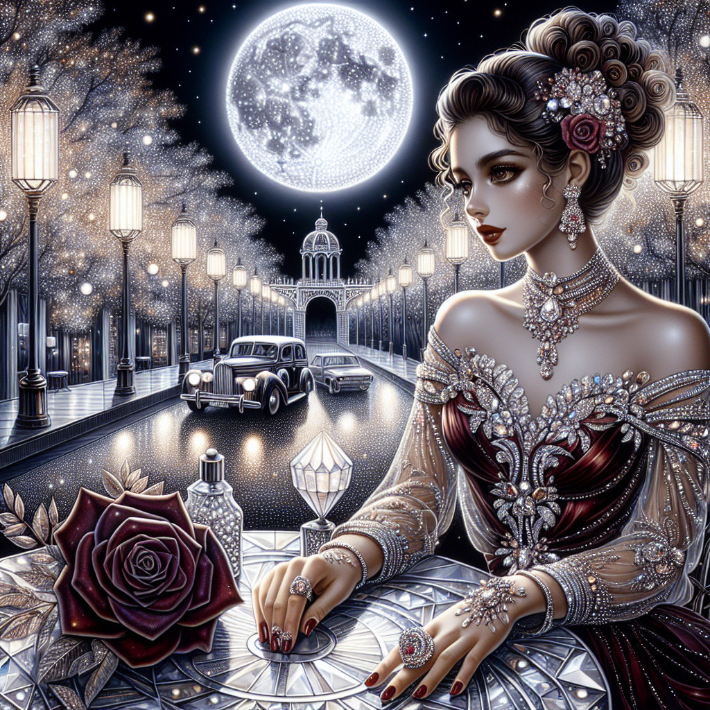 Glamorous Woman in Opulent Gown by Moonlit Street