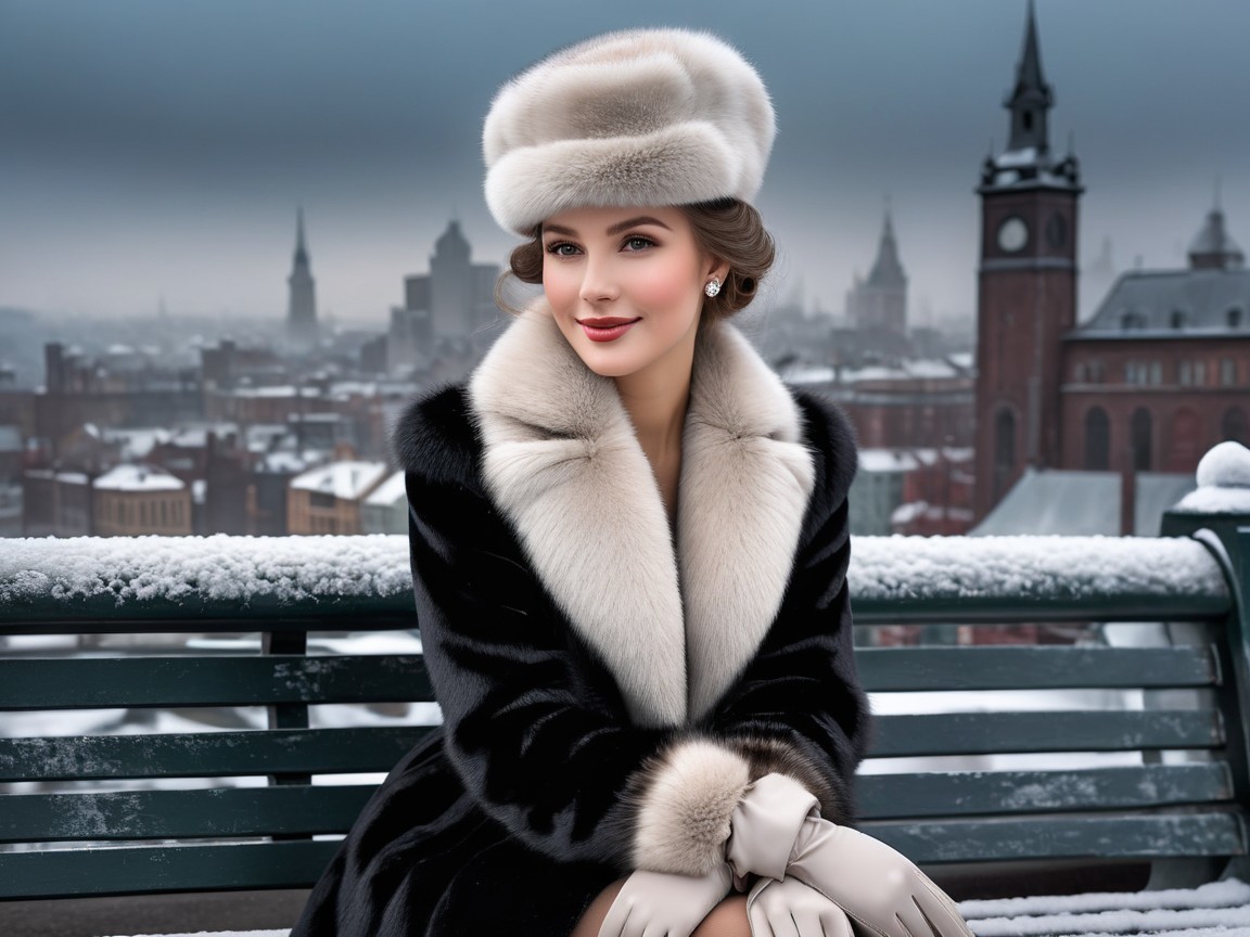 Stylish Woman in Black Fur Coat on Snowy Bench