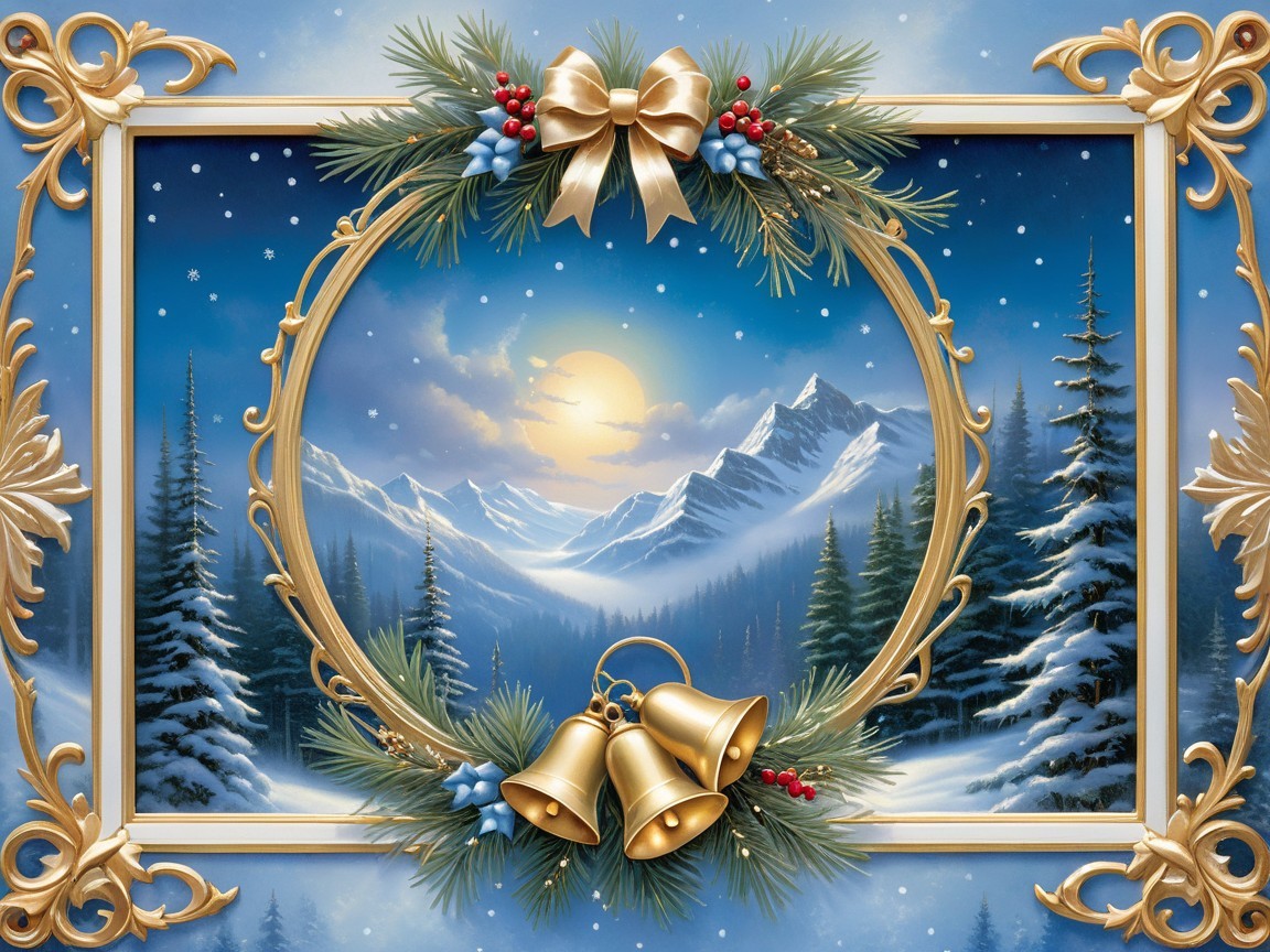 Winter Landscape with Snow-Covered Mountains and Wreath