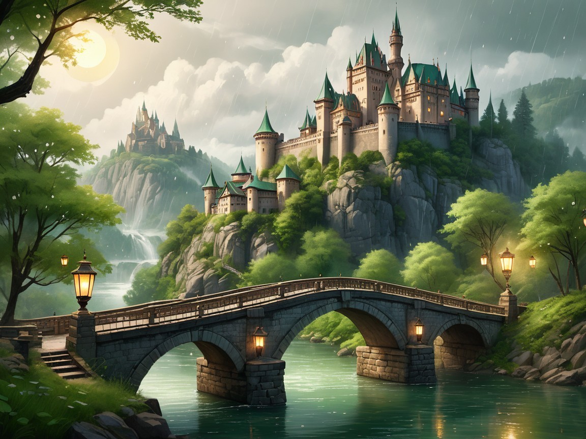 Majestic castle on rocky hill with serene river view