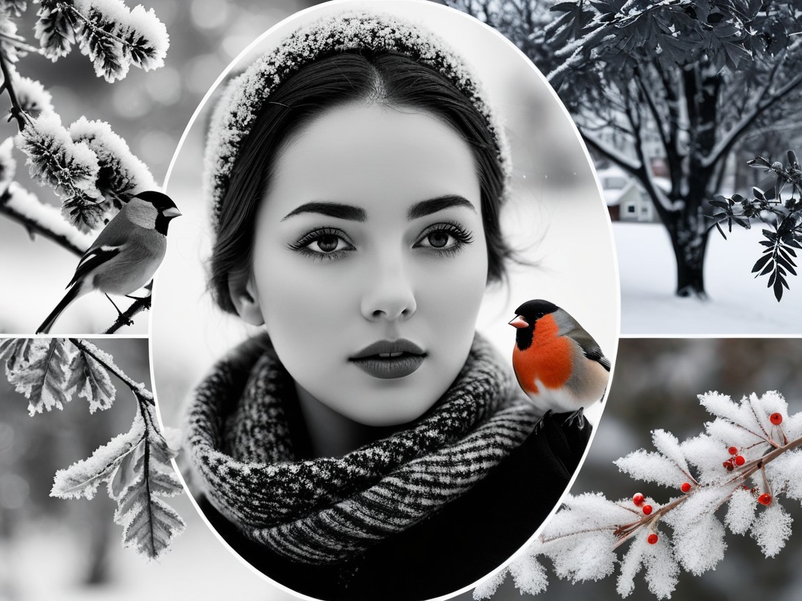 Black-and-white portrait of a woman in winter setting