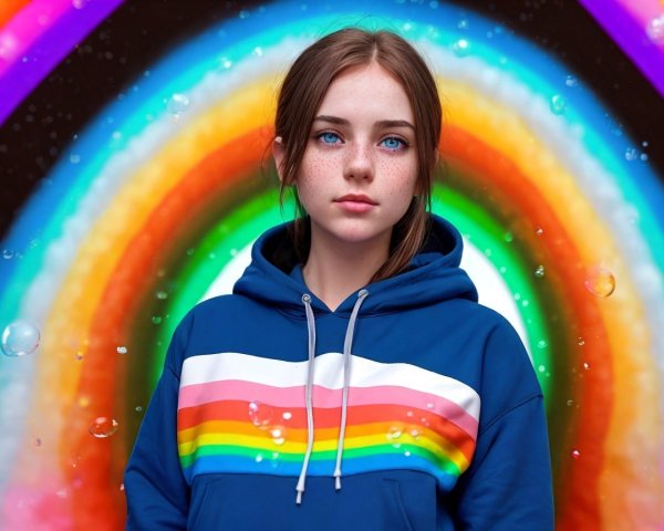 Young woman in blue hoodie with rainbow backdrop