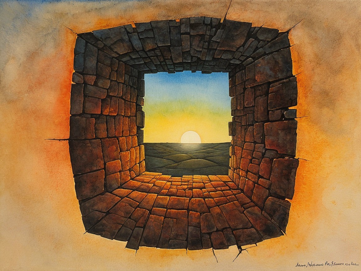 Stone-Framed Window View of Vibrant Sunrise Landscape