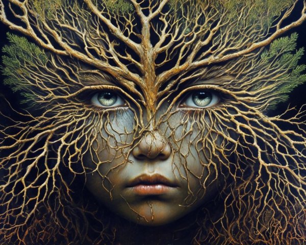 Surreal Portrait of Face with Tree Roots and Branches