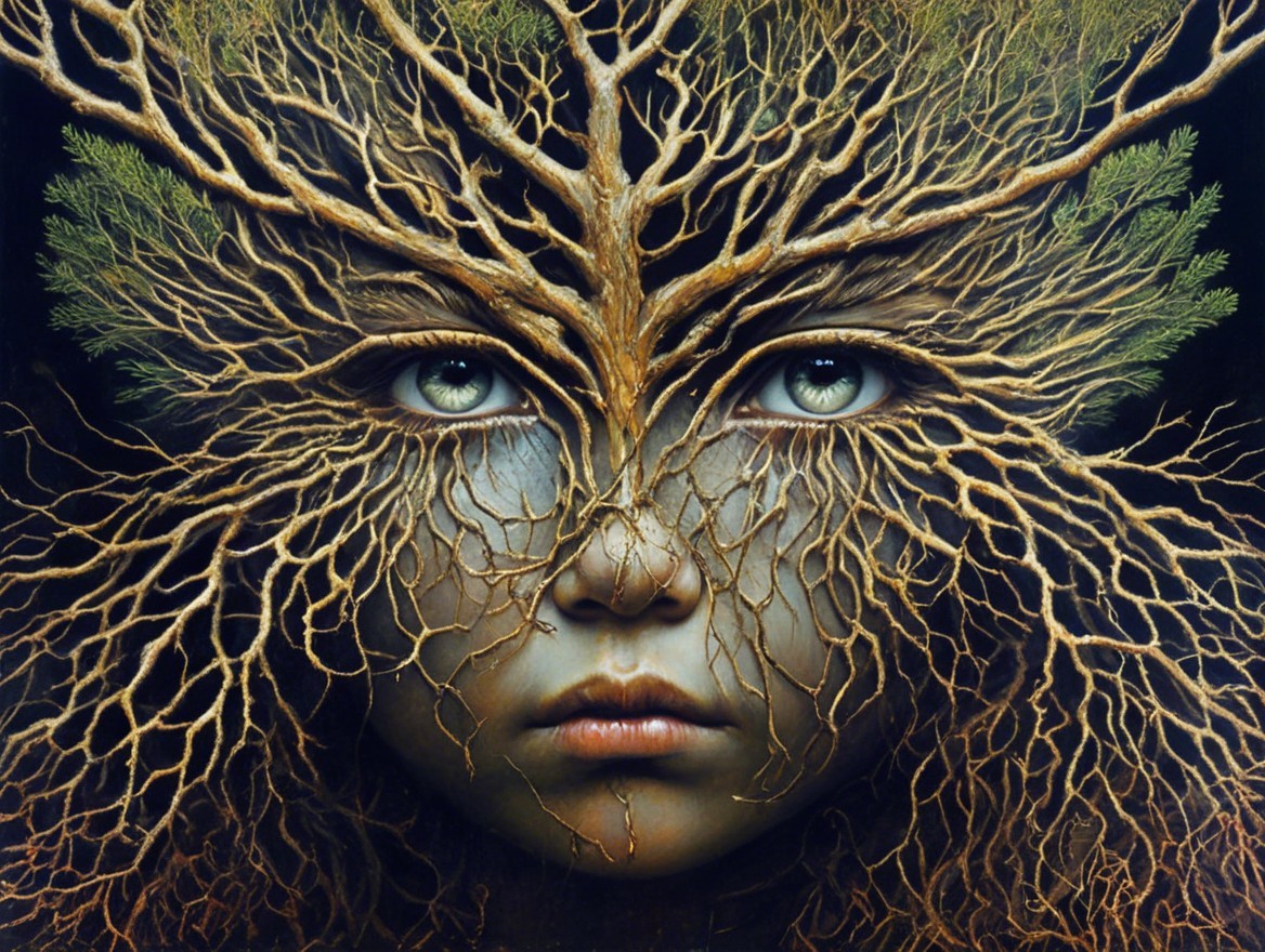 Surreal Portrait of Face with Tree Roots and Branches