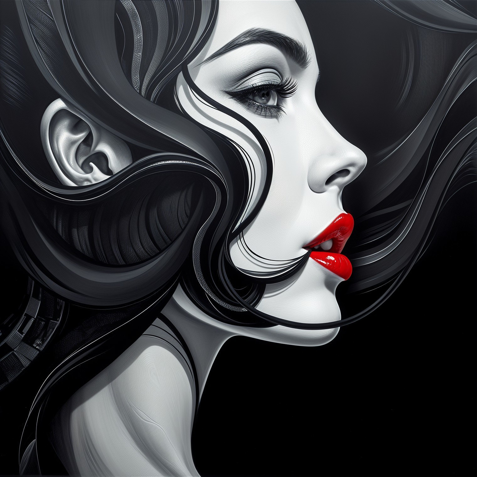 Profile of a Woman with Curled Hair and Red Lips