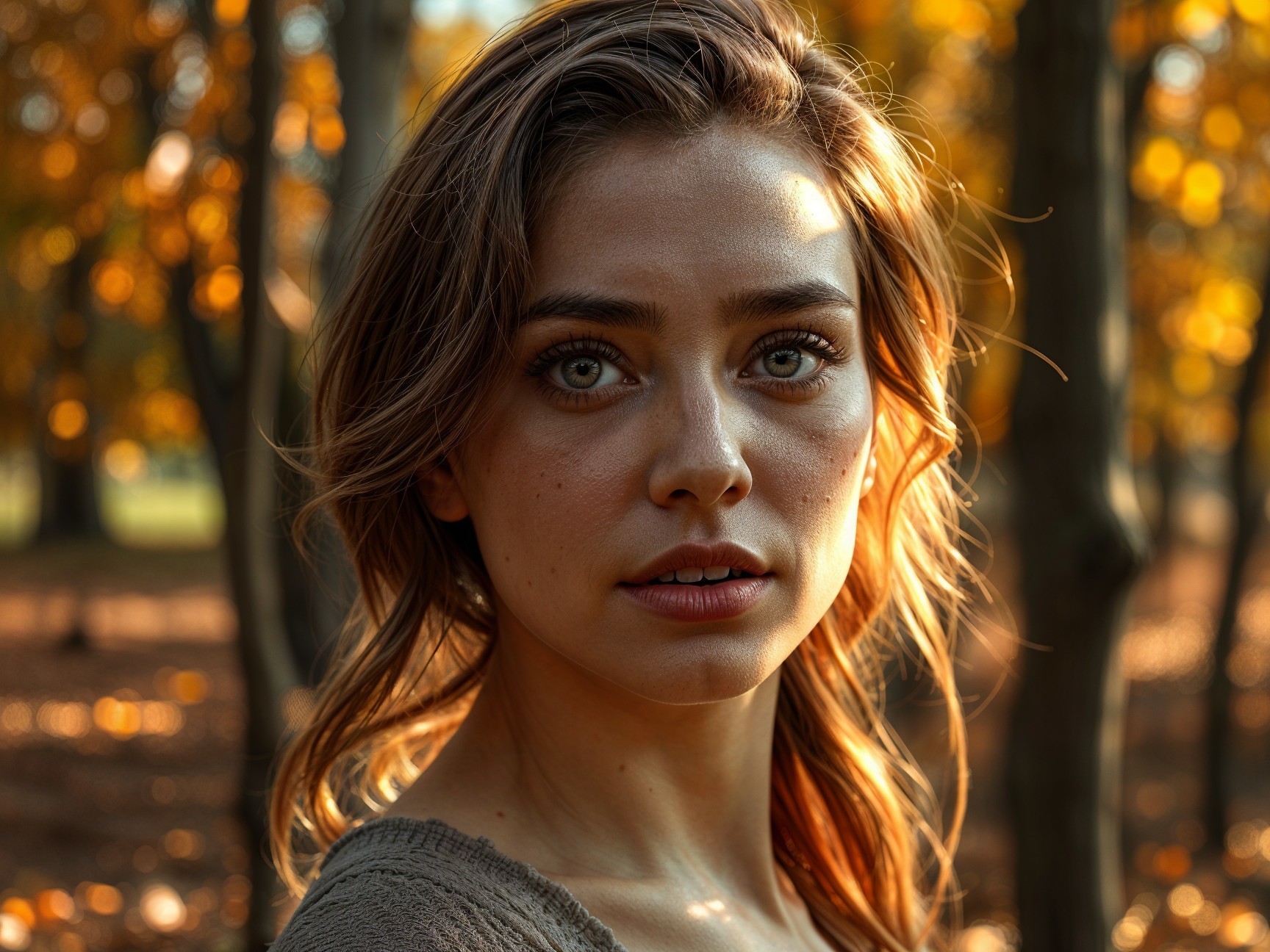 Young woman in serene autumn sunlight portrait