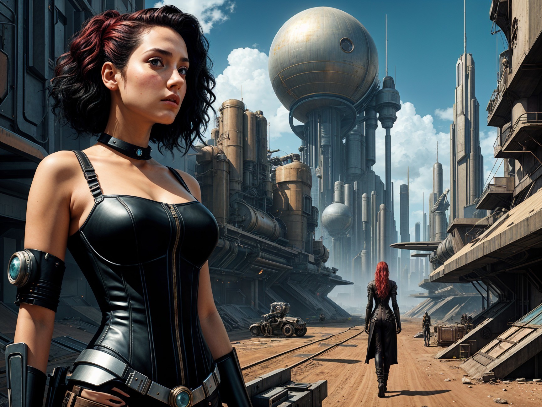 Futuristic Cityscape with Confident Woman and Structures