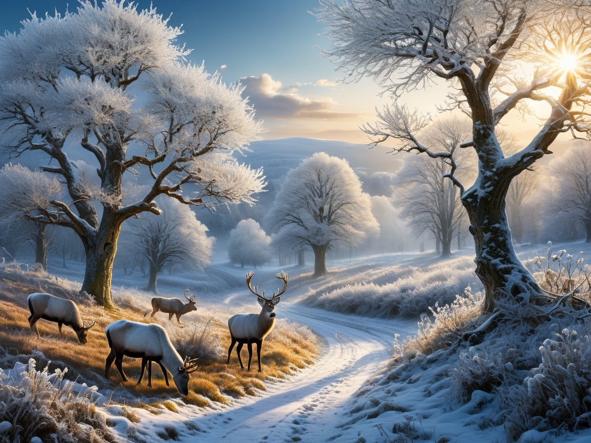 Serene Winter Landscape with Frosted Trees and Deer