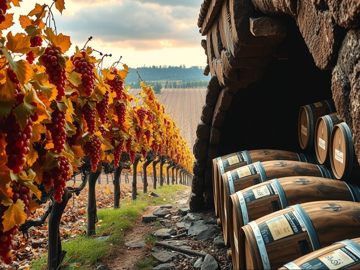 Vibrant Vineyard Scene with Autumn Leaves and Barrels