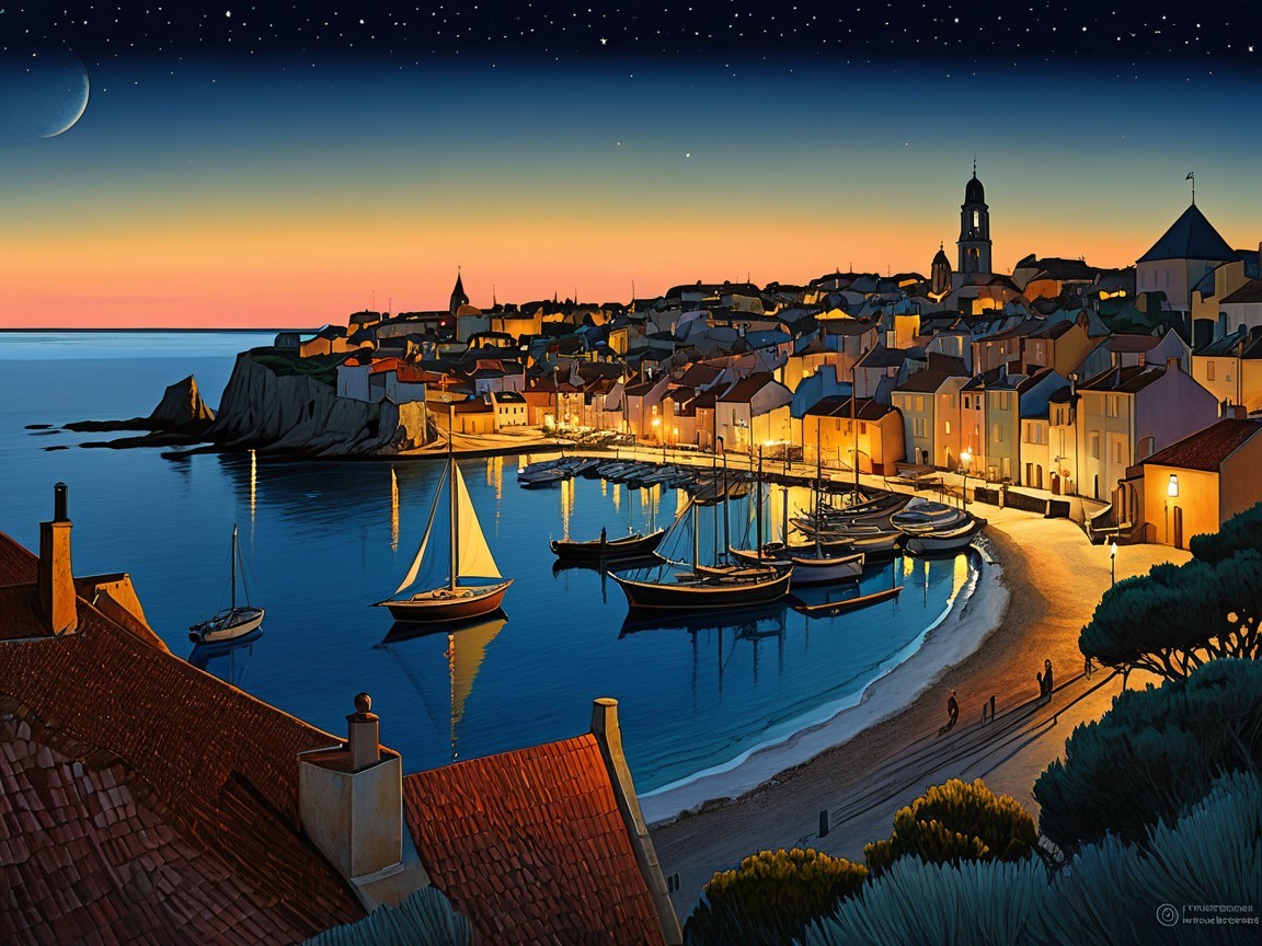 Twilight Coastal Village with Charming Lights and Boats