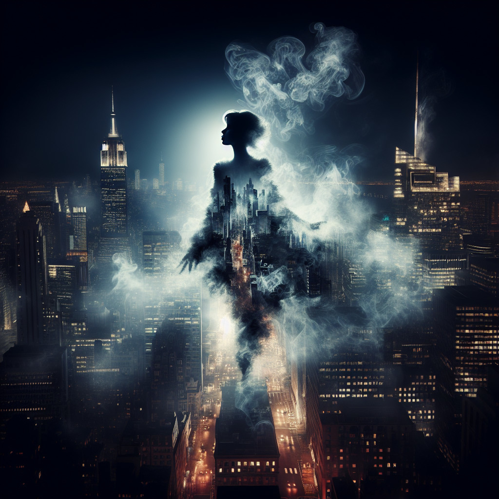 Surreal Night Cityscape with Ethereal Figure and Smoke
