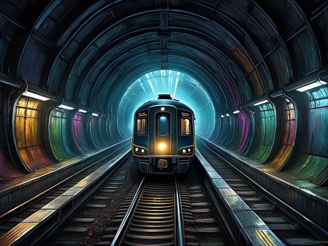 Sleek train in vibrant underground tunnel setting