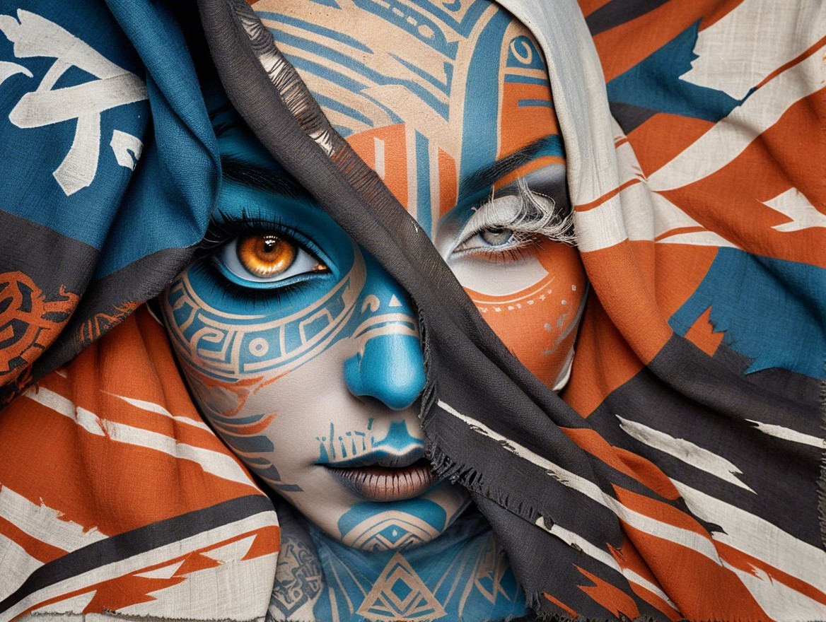 Face with Tribal Body Paint and Colorful Background