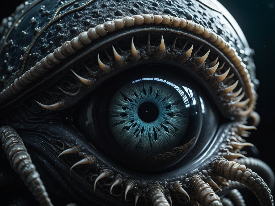 Intricate Eye Design with Blue Iris and Alien Aesthetic
