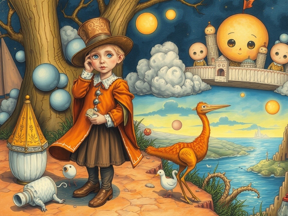 Whimsical Child in Orange Coat in Vibrant Landscape