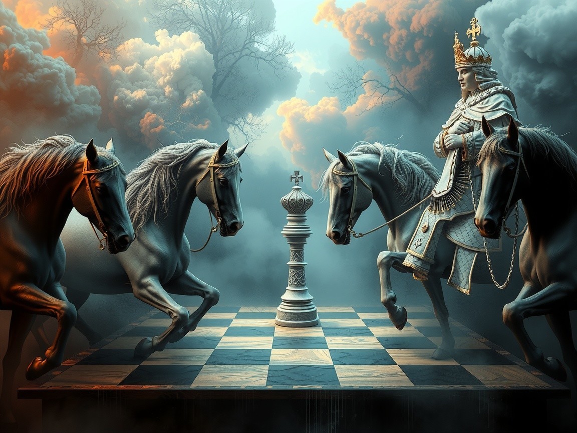 Dramatic Chess Scene in a Misty Landscape