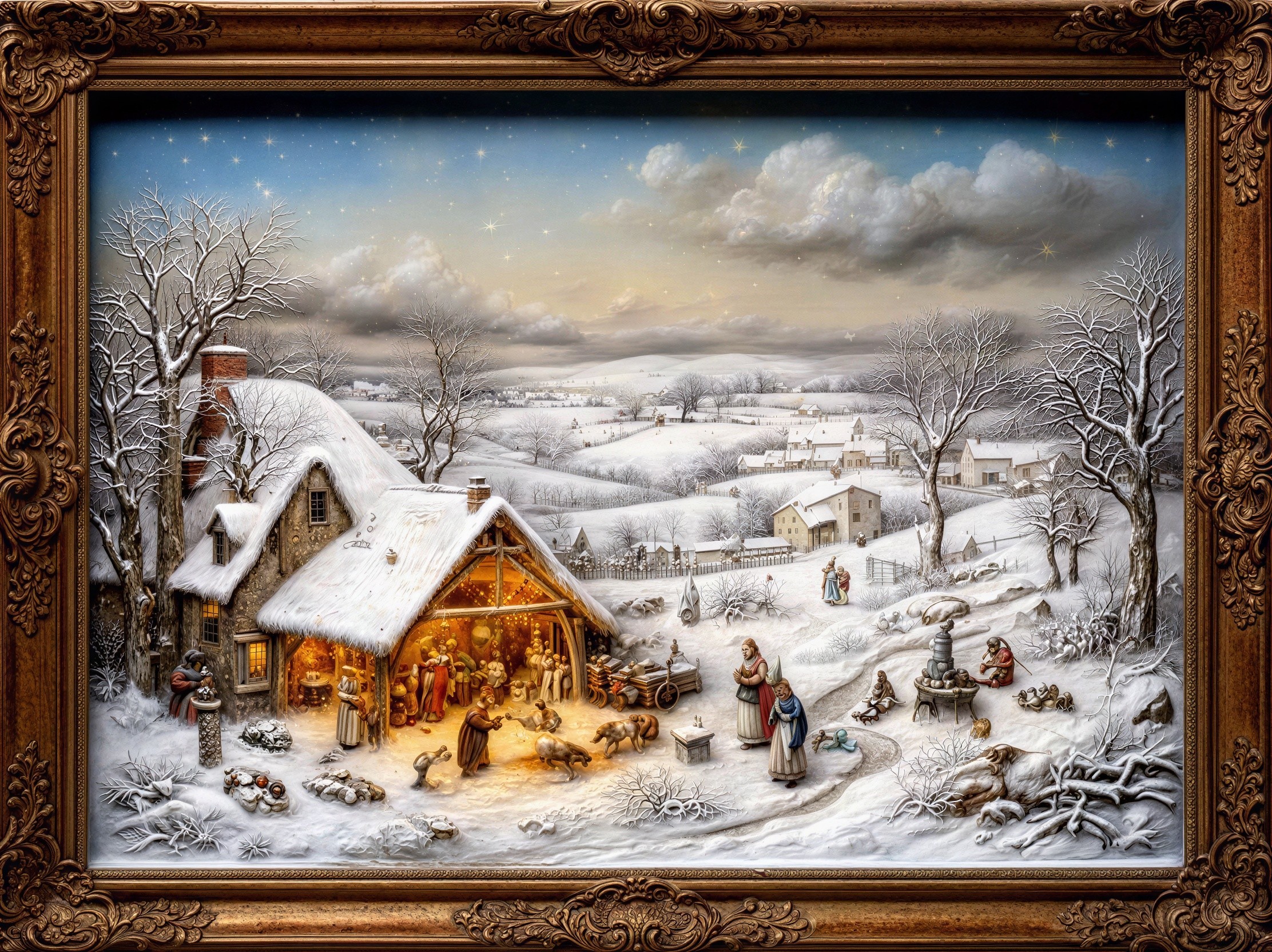 Vibrant Winter Village Scene with Nativity and Villagers