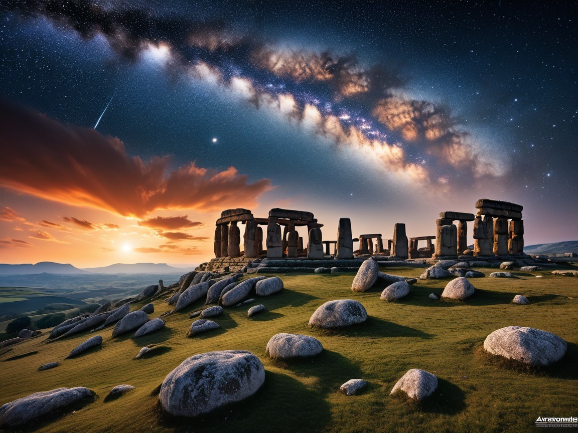 Ancient Stone Structures Under Dramatic Sunset Sky