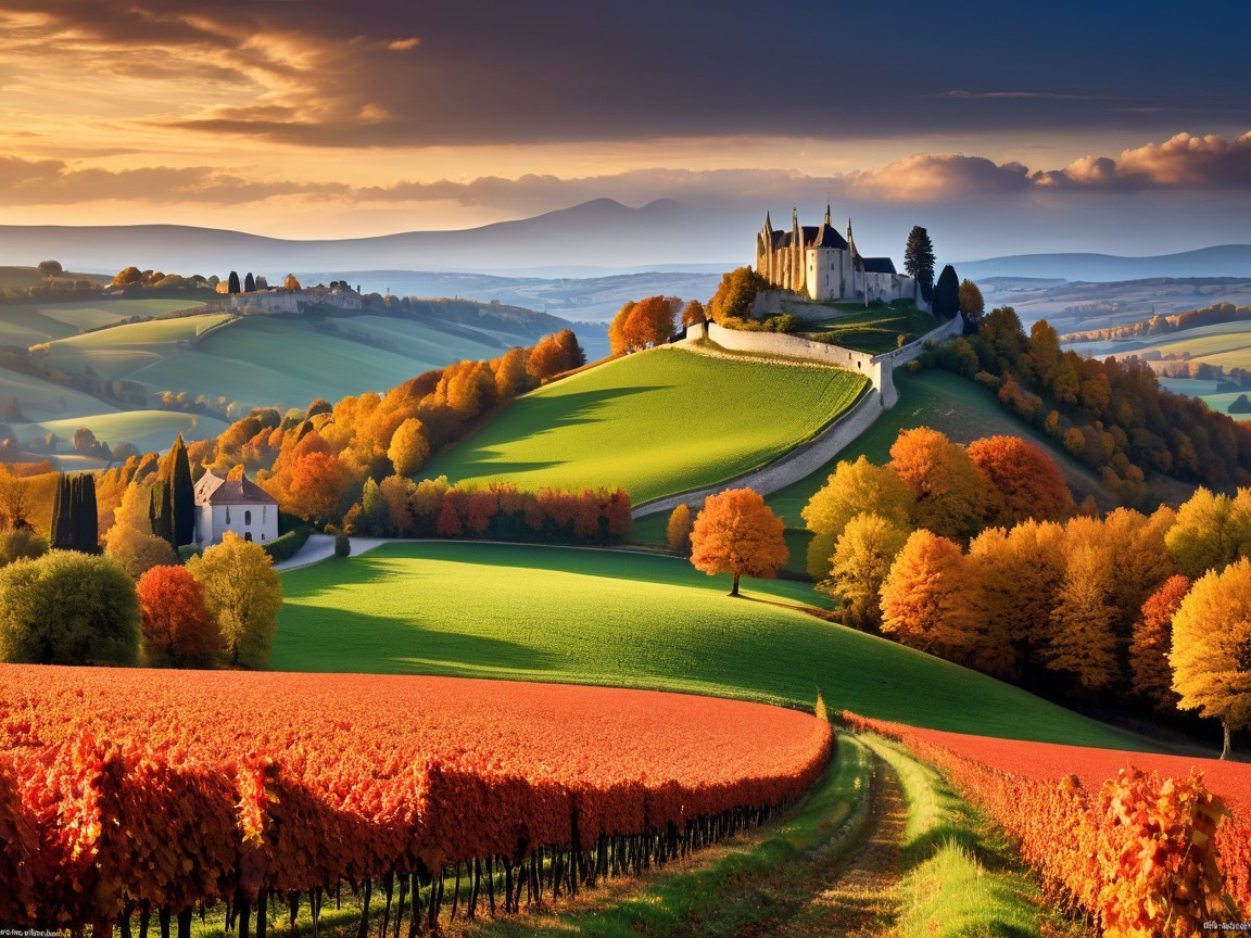 Autumn Landscape with Vineyard and Castle Overlook