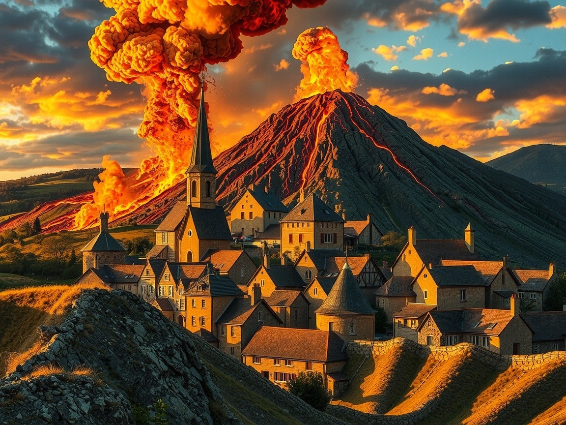 Village at Volcano Base with Sunset and Lava Eruption