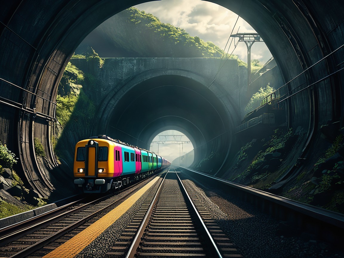 Vibrant Train Exiting Dark Tunnel Surrounded by Nature